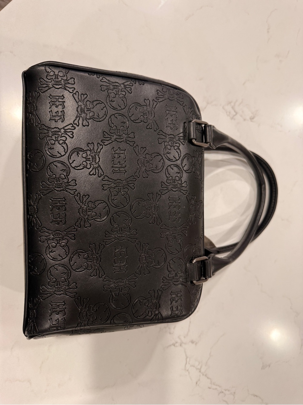 Ed Hardy Black Embossed Satchel with Colorful Skull Charms - Picture 3 of 6